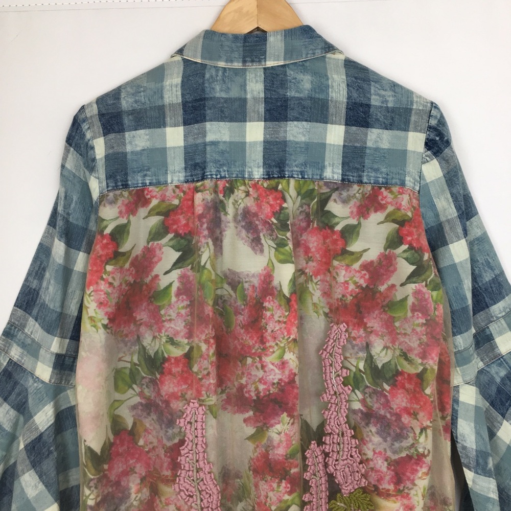 Aratta Silent Journey Plaid Chambray Floral Embroidered Button Down Top Blouse - Picture 11 of 16